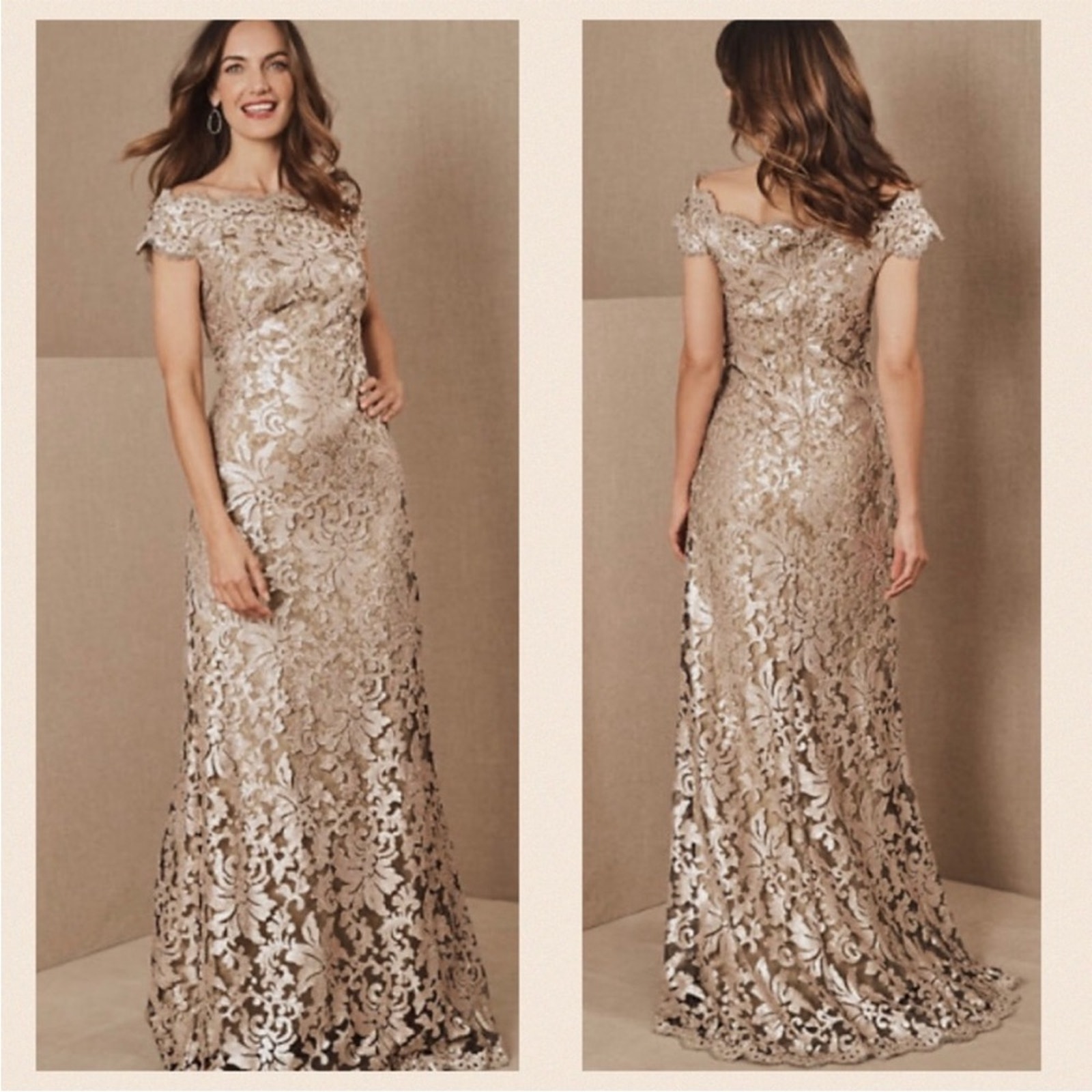 Tadashi Shoji Gold & Champagne Lace Appliqu Maxi Dress